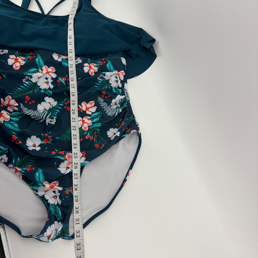 Bloomchic Size 22-24 Teal Blue Floral One Piece Swimsuit Flounce Ruched Overlay - Picture 6 of 6